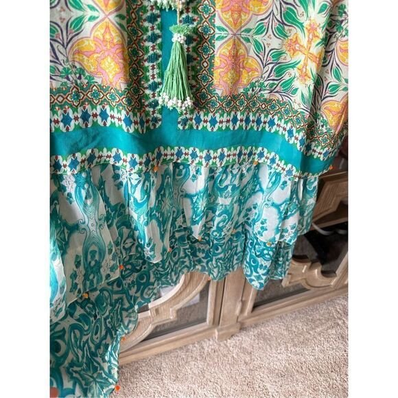 HEMANT AND NANDITA Ruffle Shift Dress in Blue Vintage Tile - Picture 4 of 8